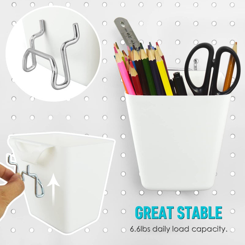 G.CORE Large Pegboard Cups Peg Board Storage Bin 6 Pack with Hooks  Square Box Shape Pegboard Cup Holder Accessories for Garage Workbench/Craft Room/Office/Playroom/Home Kitchen Organization (White) - Image 2